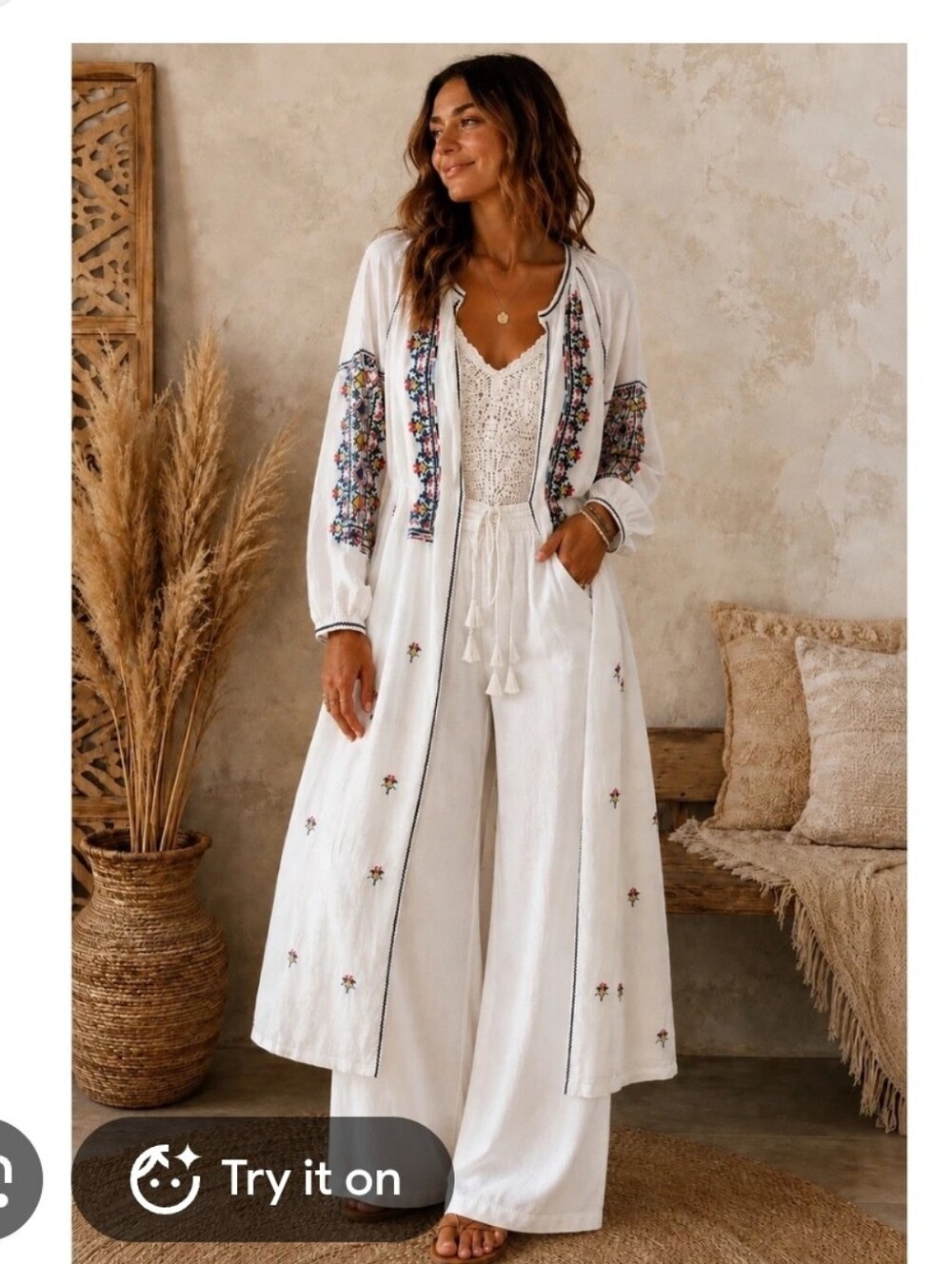 Gap Boho White Embroidered Linen Duster Cardigan Size M/L